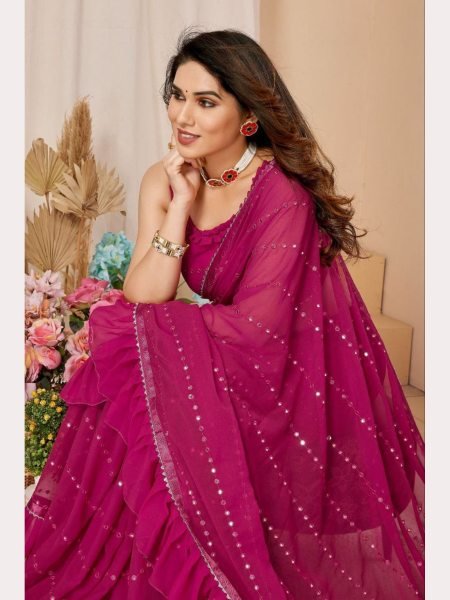 Ruffle Pink Georgette Sarees With Mirror Work  Georgette Sarees Wholesale