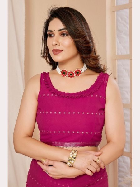Ruffle Pink Georgette Sarees With Mirror Work  Georgette Sarees Wholesale