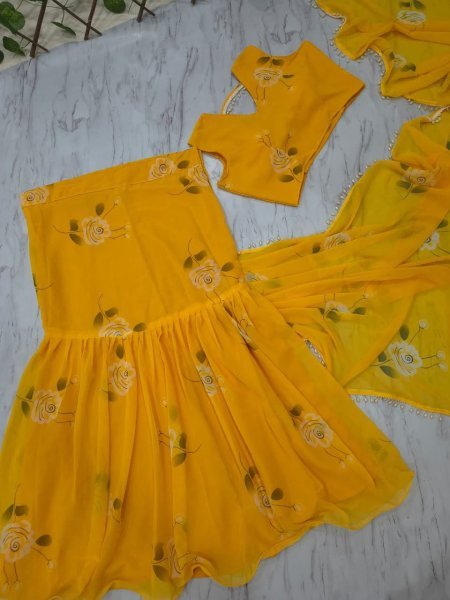Ruffle Yellow Lehenga Saree with Attached Dupatta for Party Wear Ready To Wear Saree 