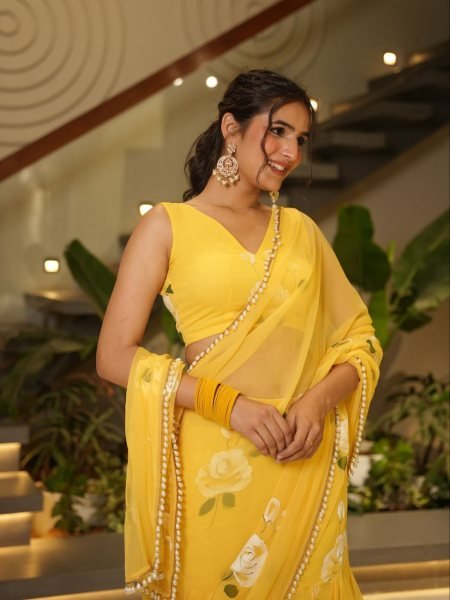 Ruffle Yellow Lehenga Saree with Attached Dupatta for Party Wear Ready To Wear Saree 