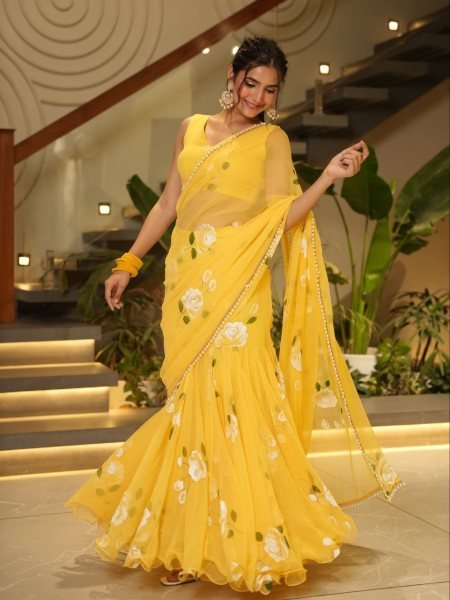 Ruffle Yellow Lehenga Saree with Attached Dupatta for Party Wear Ready To Wear Saree 