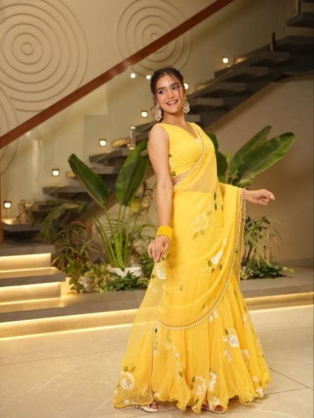 Ruffle Yellow Lehenga Saree with Attached Dupatta for Party Wear Ready To Wear Saree 