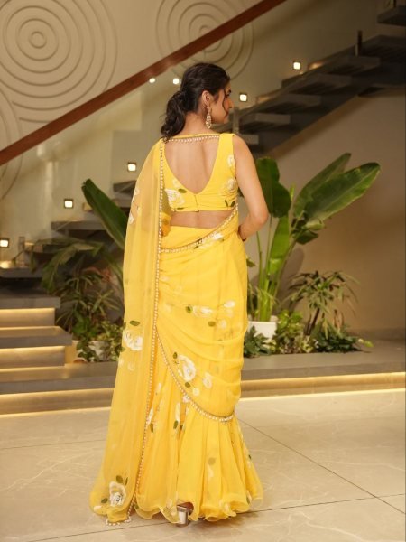 Ruffle Yellow Lehenga Saree with Attached Dupatta for Party Wear Ready To Wear Saree 