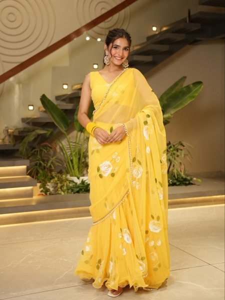 Ruffle Yellow Lehenga Saree with Attached Dupatta for Party Wear Ready To Wear Saree 