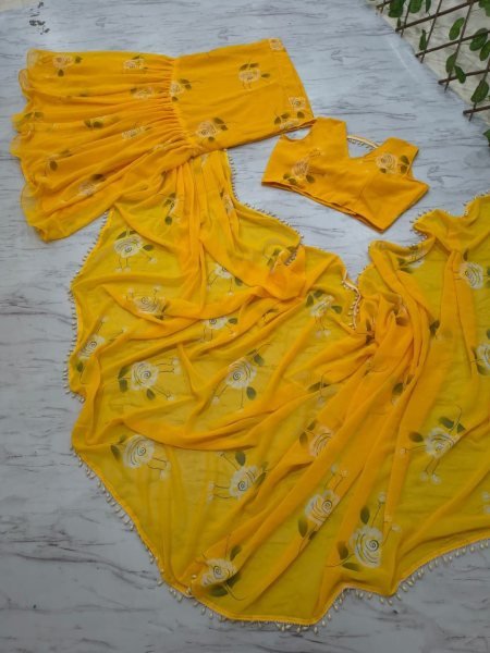 Ruffle Yellow Lehenga Saree with Attached Dupatta for Party Wear Ready To Wear Saree 