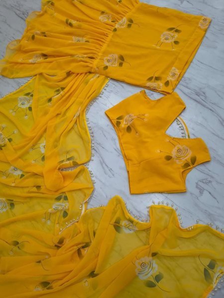 Ruffle Yellow Lehenga Saree with Attached Dupatta for Party Wear Ready To Wear Saree 