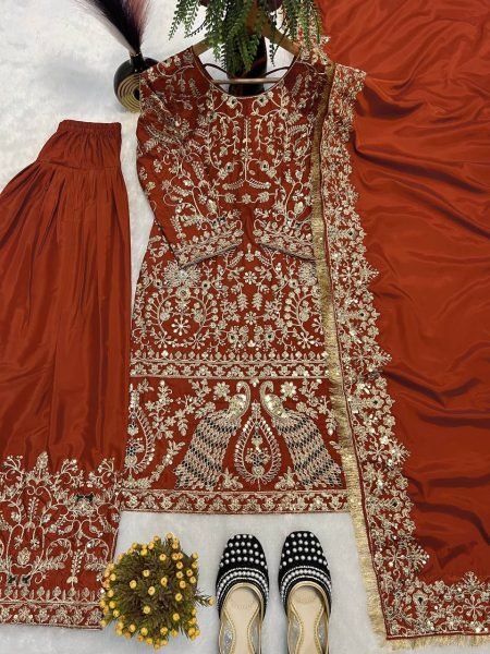 Heavy Crepe Silk Punjabi Salwar Suit with Sequence Work and Dupatta Wedding Wear Ready To Wear Collection