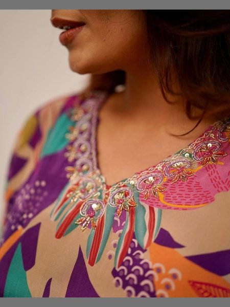 Fully Stitched Handwork Russian  silk kurti with dupatta 3 Piece Kurti Set