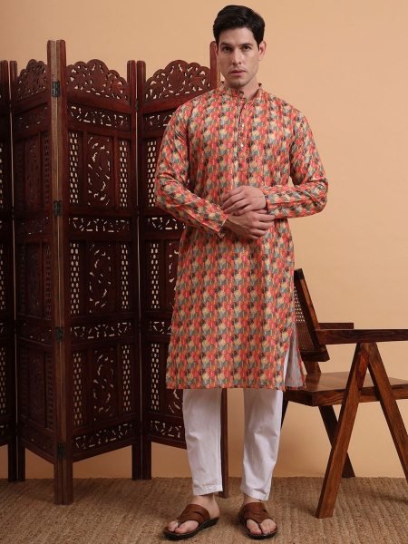 Rust Blossom Printed Kurta Classic Wedding Guest Look in Pure Cotton Comfort