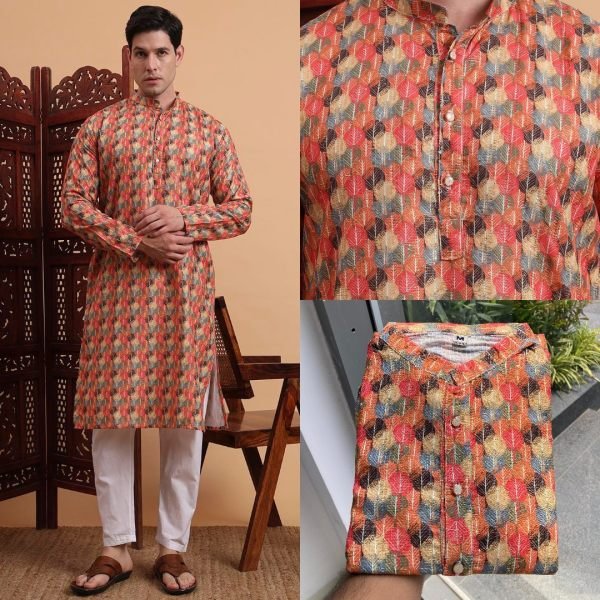 Rust Blossom Printed Kurta Classic Wedding Guest Look in Pure Cotton Comfort Kurta Pajama Wholesale