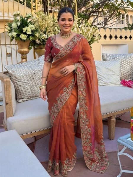 Rust Brown Fendy Satin Silk Wedding Saree with Heavy Embroidered Blouse Piece Sarees 