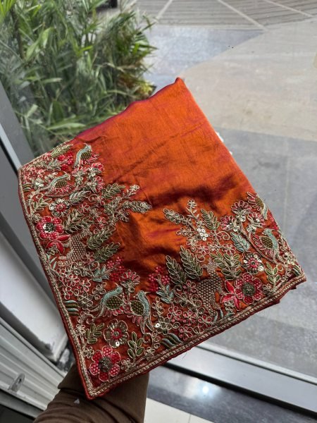 Rust Brown Fendy Satin Silk Wedding Saree with Heavy Embroidered Blouse Piece Silk Sarees Wholesale