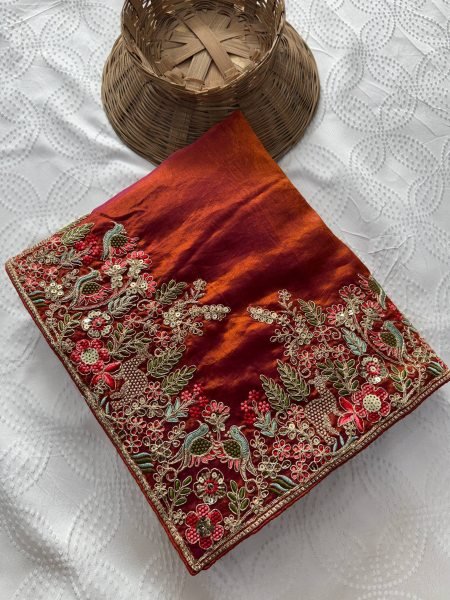 Rust Brown Fendy Satin Silk Wedding Saree with Heavy Embroidered Blouse Piece Silk Sarees Wholesale
