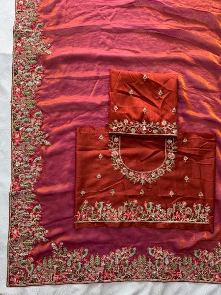 Rust Brown Fendy Satin Silk Wedding Saree with Heavy Embroidered Blouse Piece Silk Sarees Wholesale