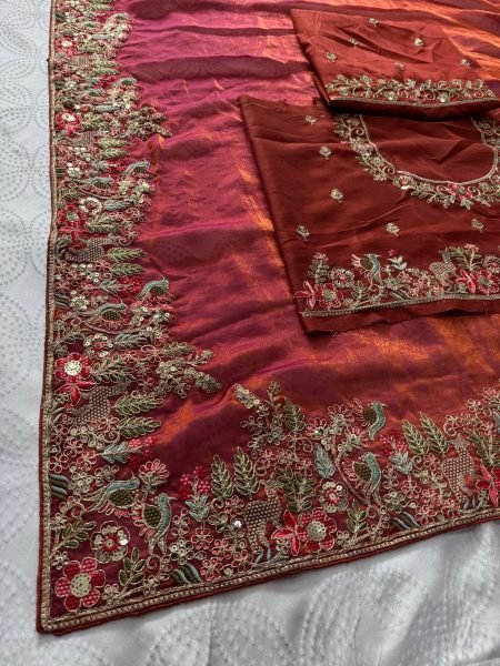 Rust Brown Fendy Satin Silk Wedding Saree with Heavy Embroidered Blouse Piece Silk Sarees Wholesale
