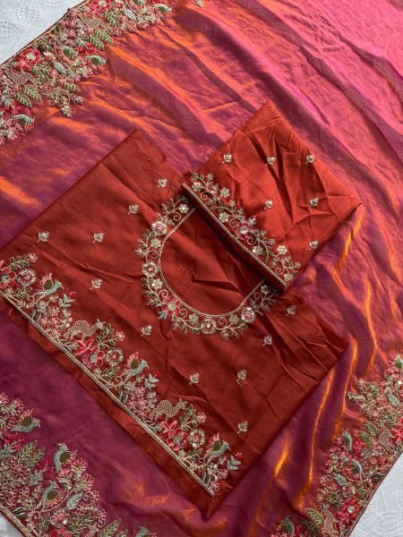 Rust Brown Fendy Satin Silk Wedding Saree with Heavy Embroidered Blouse Piece Silk Sarees Wholesale