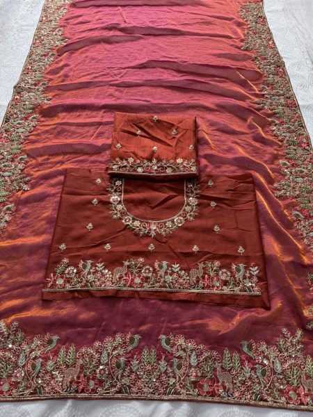 Rust Brown Fendy Satin Silk Wedding Saree with Heavy Embroidered Blouse Piece Silk Sarees Wholesale
