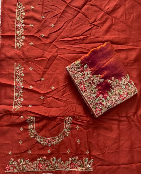 Rust Brown Fendy Satin Silk Wedding Saree with Heavy Embroidered Blouse Piece Silk Sarees Wholesale