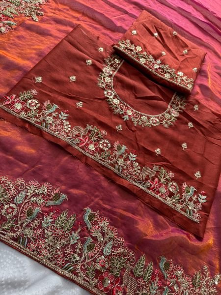 Rust Brown Fendy Satin Silk Wedding Saree with Heavy Embroidered Blouse Piece Silk Sarees Wholesale