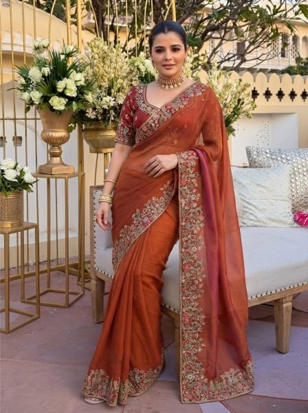 Rust Brown Fendy Satin Silk Wedding Saree with Heavy Embroidered Blouse Piece Silk Sarees Wholesale
