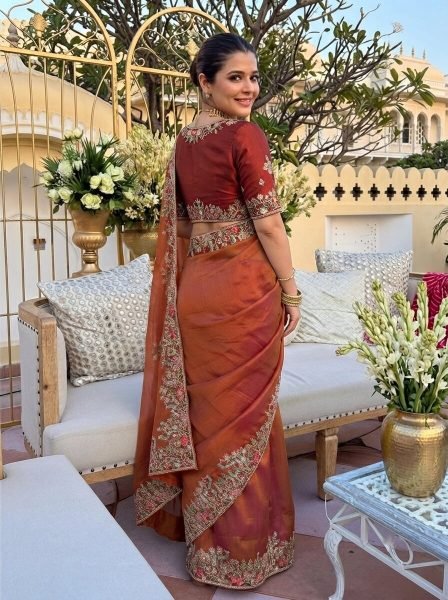 Rust Brown Fendy Satin Silk Wedding Saree with Heavy Embroidered Blouse Piece Silk Sarees Wholesale