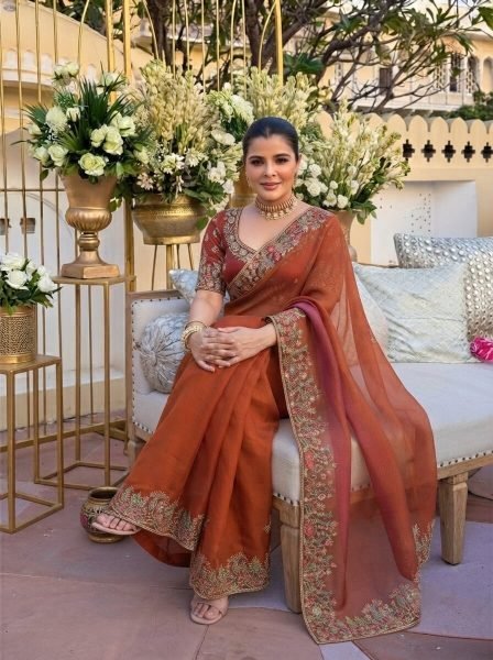 Rust Brown Fendy Satin Silk Wedding Saree with Heavy Embroidered Blouse Piece Silk Sarees Wholesale