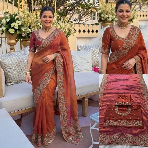 Rust Brown Fendy Satin Silk Wedding Saree with Heavy Embroidered Blouse Piece Silk Sarees Wholesale