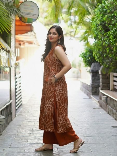 Rust Designer Rayon Print Straight Kurti with Matching Pants For Festival Printed Kurtis
