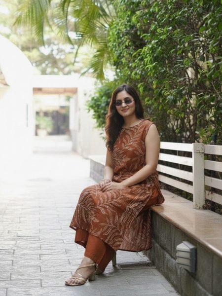 Rust Designer Rayon Print Straight Kurti with Matching Pants For Festival Printed Kurtis
