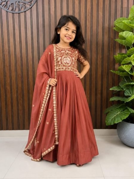 Rust Girls Star Georgette Silk Gown with Heavy Embroidery For Manufacturer Rate Kurtis