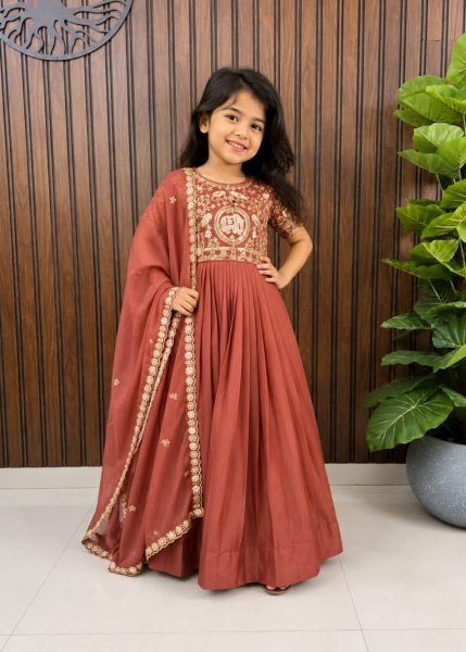 Rust Girls Star Georgette Silk Gown with Heavy Embroidery For Manufacturer Rate Girls Wear