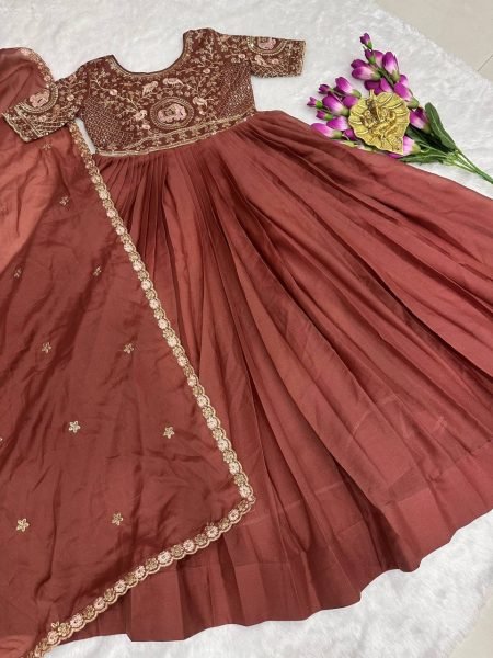 Rust Girls Star Georgette Silk Gown with Heavy Embroidery For Manufacturer Rate Girls Wear