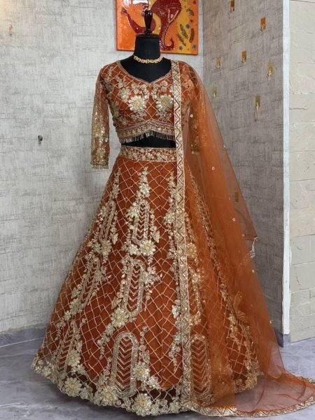 Rust Orange Soft Net Lehenga with Sequins and Zari 4m Flared at Wholesale Price  Lehenga