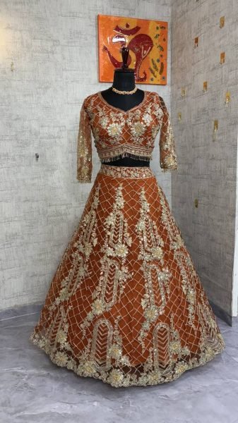 Rust Orange Soft Net Lehenga with Sequins and Zari 4m Flared at Wholesale Price Designer Lehenga Choli