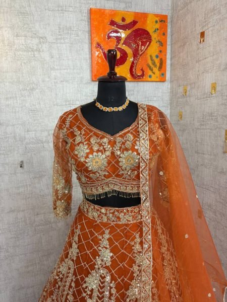 Rust Orange Soft Net Lehenga with Sequins and Zari 4m Flared at Wholesale Price Designer Lehenga Choli