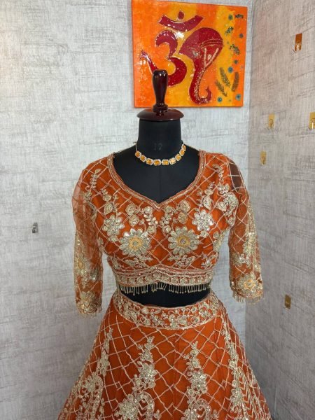 Rust Orange Soft Net Lehenga with Sequins and Zari 4m Flared at Wholesale Price Designer Lehenga Choli