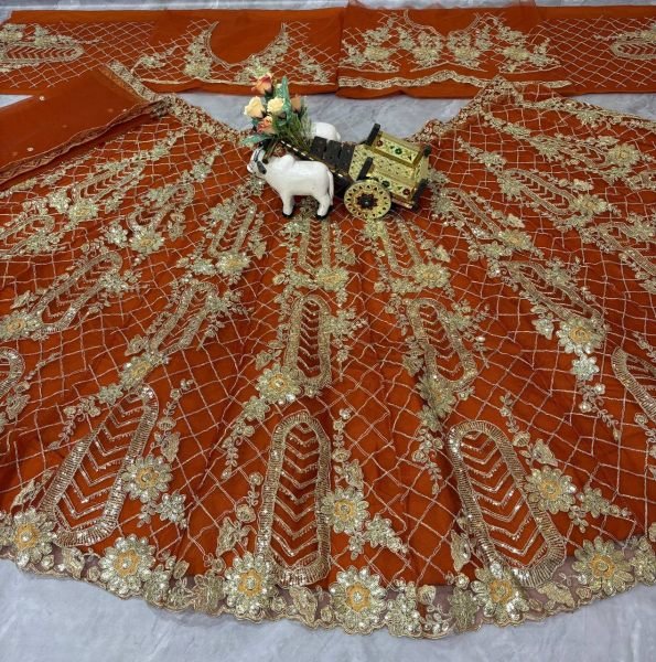 Rust Orange Soft Net Lehenga with Sequins and Zari 4m Flared at Wholesale Price Designer Lehenga Choli