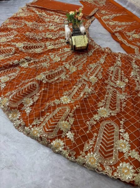 Rust Orange Soft Net Lehenga with Sequins and Zari 4m Flared at Wholesale Price Designer Lehenga Choli