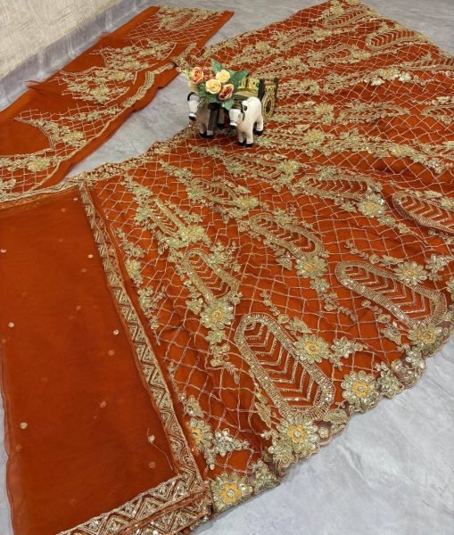 Rust Orange Soft Net Lehenga with Sequins and Zari 4m Flared at Wholesale Price Designer Lehenga Choli