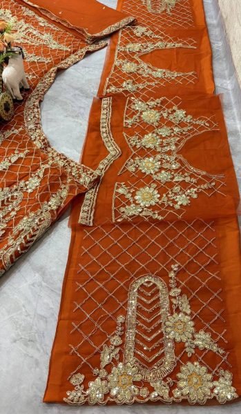 Rust Orange Soft Net Lehenga with Sequins and Zari 4m Flared at Wholesale Price Designer Lehenga Choli