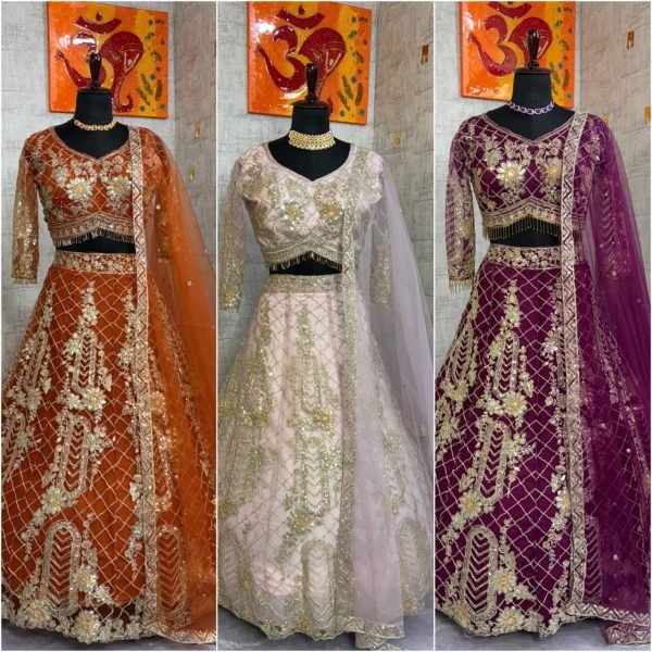 Rust Orange Soft Net Lehenga with Sequins and Zari 4m Flared at Wholesale Price Designer Lehenga Choli