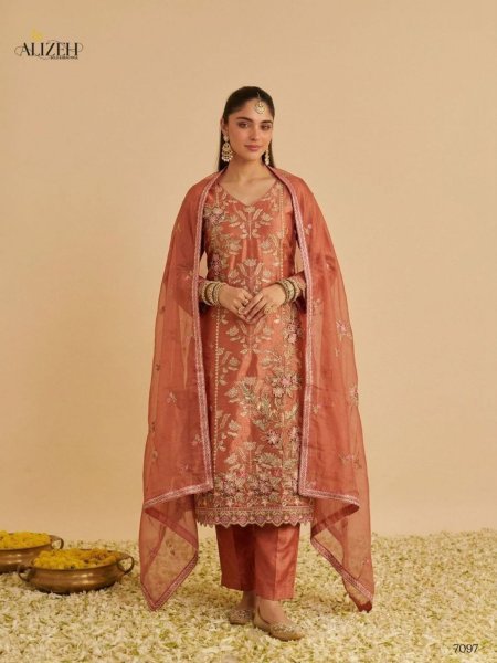 Rust Peach Shimmer Silk Suit Set with Pure Chiffon Dupatta for Festive Functions 