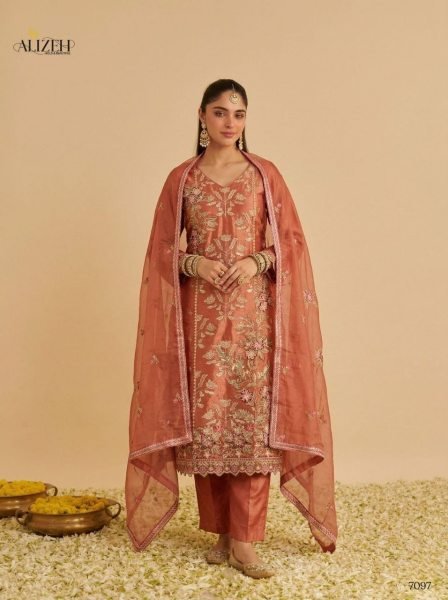Rust Peach Shimmer Silk Suit Set with Pure Chiffon Dupatta for Festive Functions Pakistani Suits Wholesale