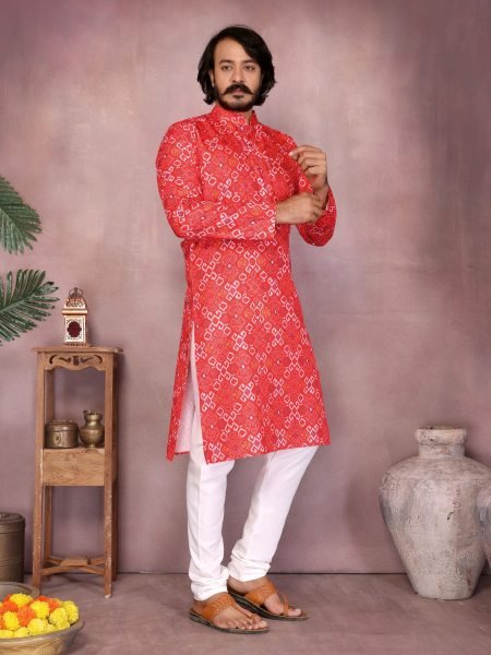 Rust Red Cotton Bandhani Kurta Pyjama For Traditional Festive Look at Wholesale Price Mens Wear