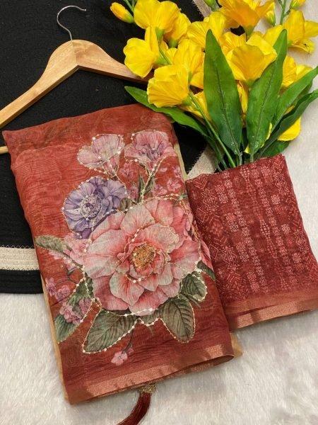 Rust Red Linen Saree with Designer Floral Print and Sequence Work at Best Price Printed Cotton Sarees Wholesale