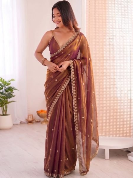 Rust Space Silk Saree with Scalloped Cutwork Border and Embroidered Blouse Sarees 