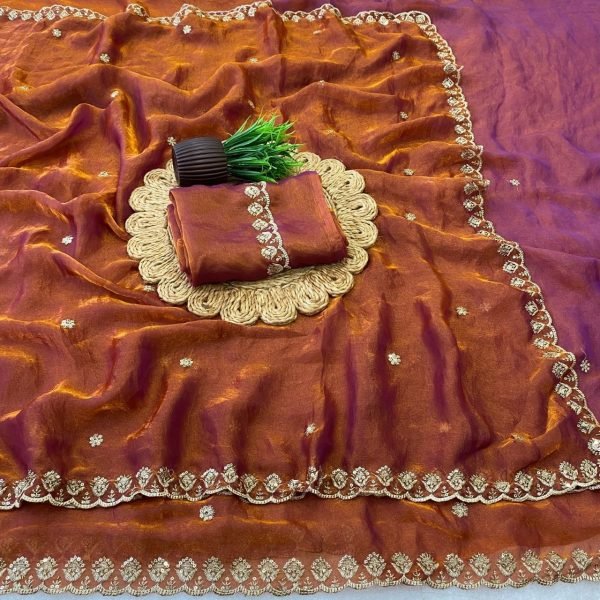 Rust Space Silk Saree with Scalloped Cutwork Border and Embroidered Blouse Silk Sarees Wholesale