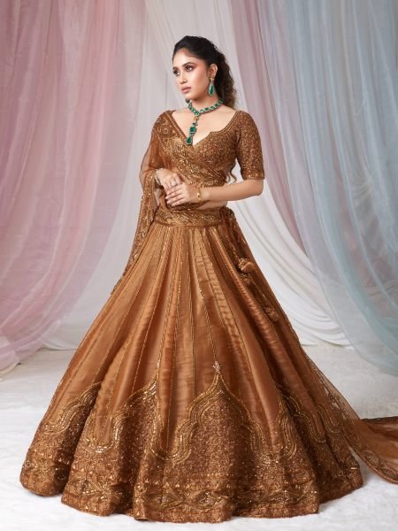 Rust Wedding Wear Satin Silk Lehenga Choli with Net Embroidered Dupatta at Wholesale Rate  Lehenga