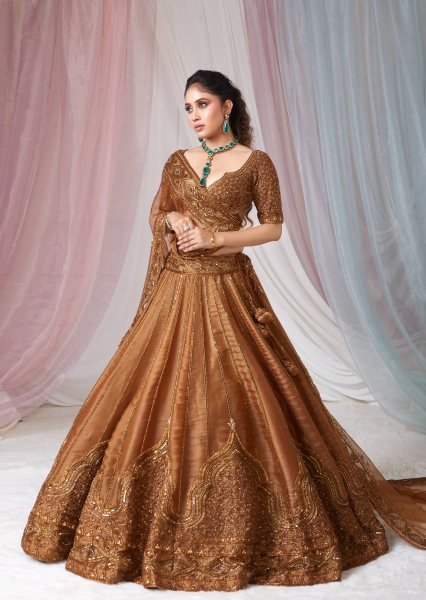 Rust Wedding Wear Satin Silk Lehenga Choli with Net Embroidered Dupatta at Wholesale Rate Designer Lehenga Choli