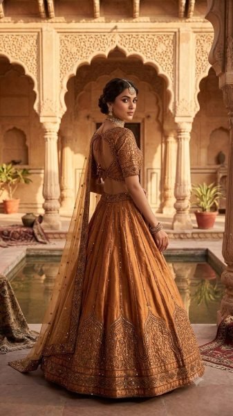 Rust Wedding Wear Satin Silk Lehenga Choli with Net Embroidered Dupatta at Wholesale Rate Designer Lehenga Choli